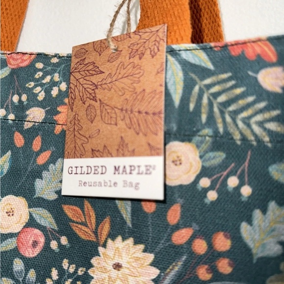 Floral Tote Bag with Orange Handles - Picture 3 of 15